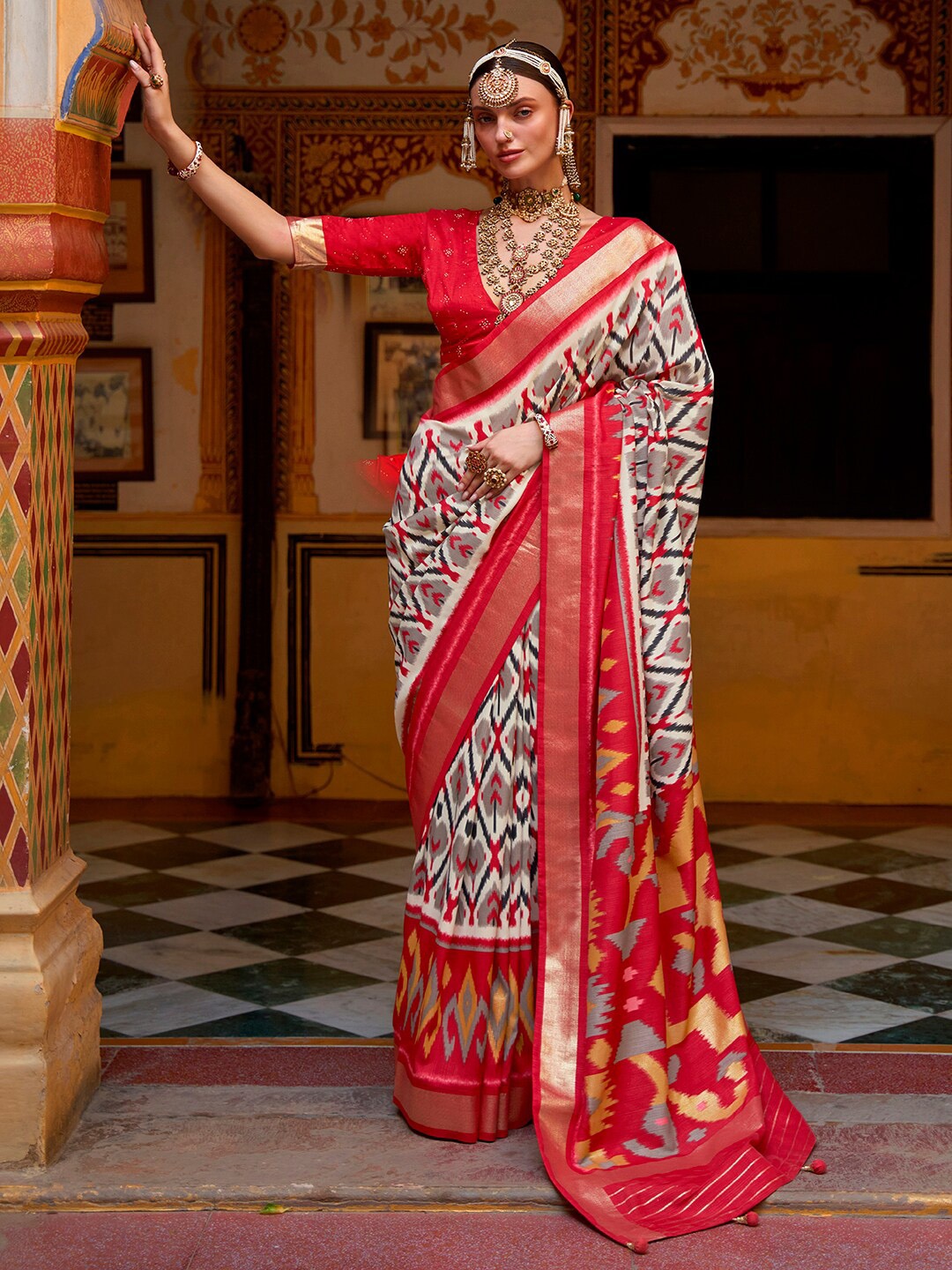Anouk Ethnic Motifs Woven design Zari Ikat Saree, Off white