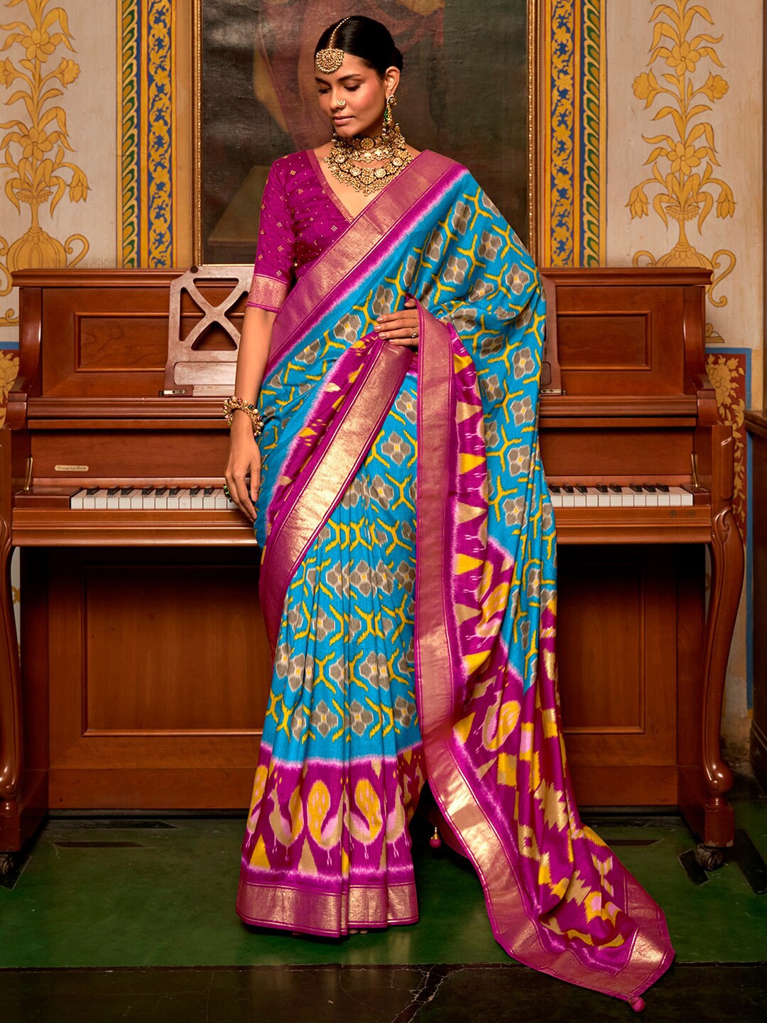 

Anouk Ethnic Motifs Zari Silk Blend Ikat Saree, Blue