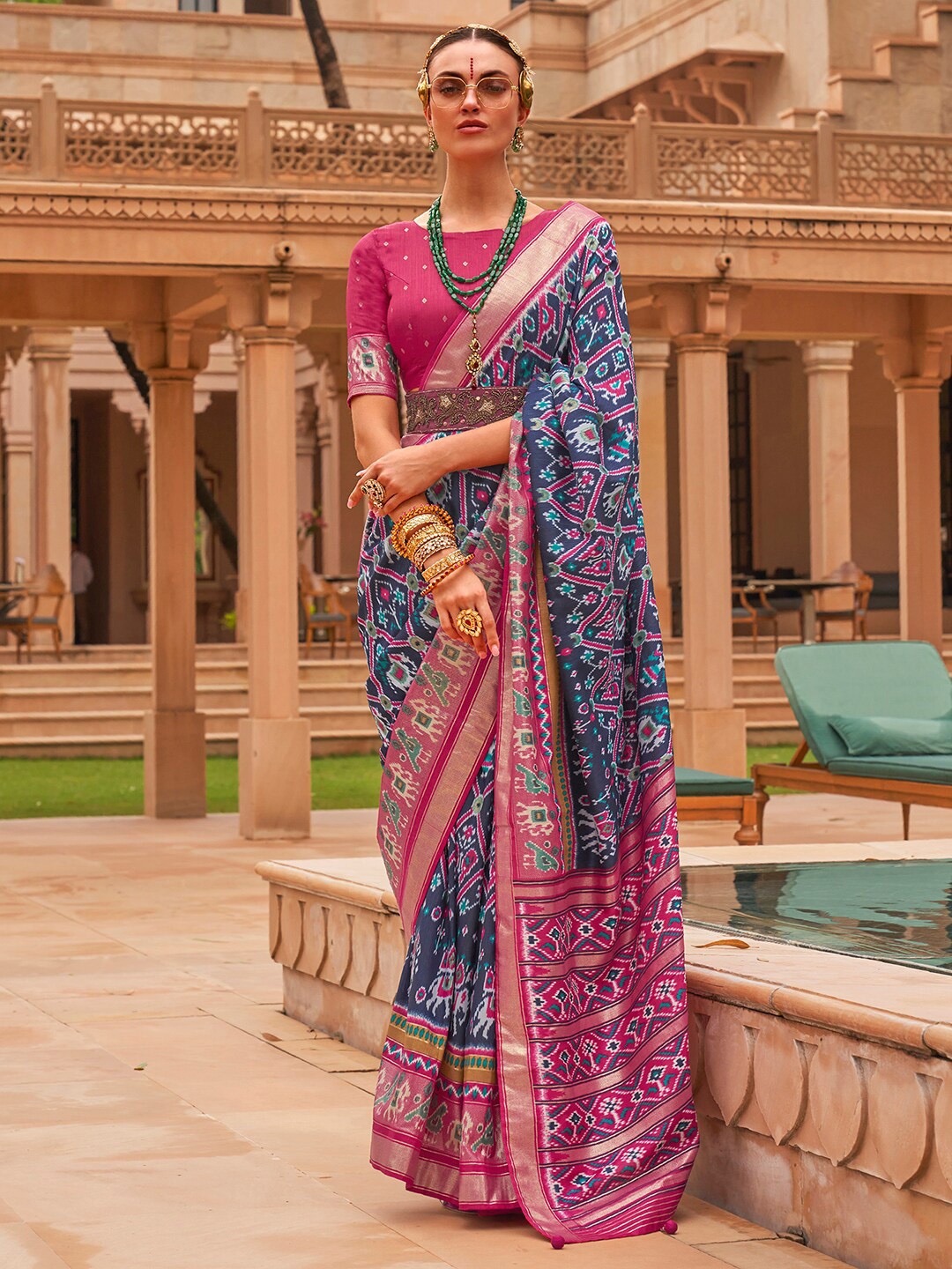 

Anouk Ethnic Motifs Zari Patola Saree, Navy blue