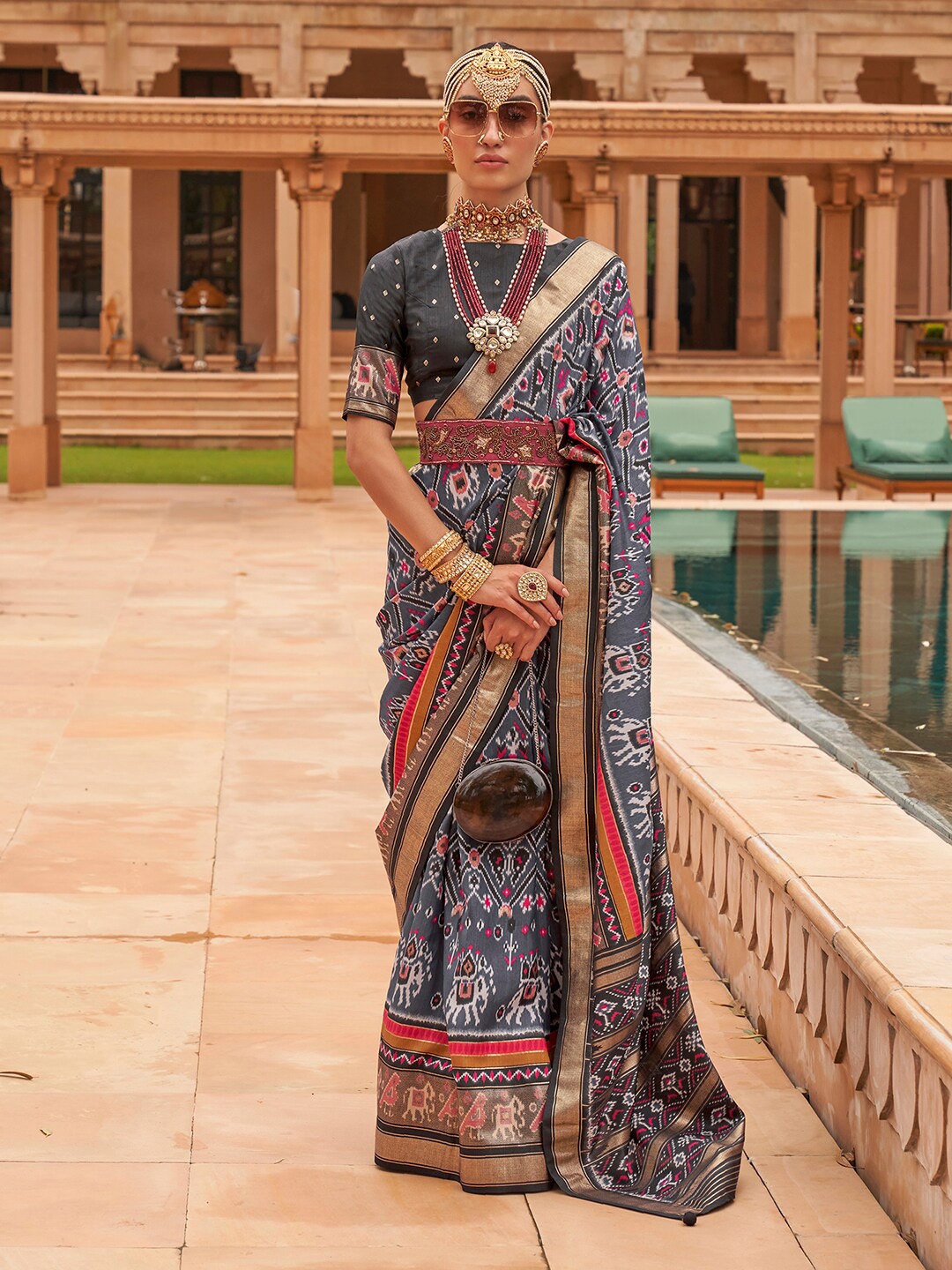 

Anouk Ethnic Motifs Woven Design Zari Patola Saree, Grey