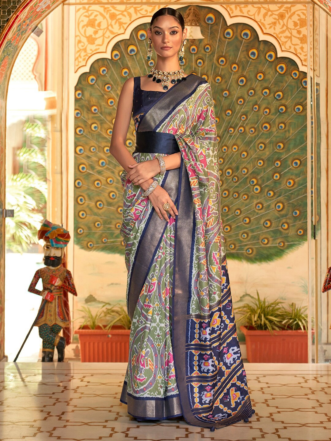 

Anouk Ethnic Motifs Woven Design Zari Patola Saree, Olive