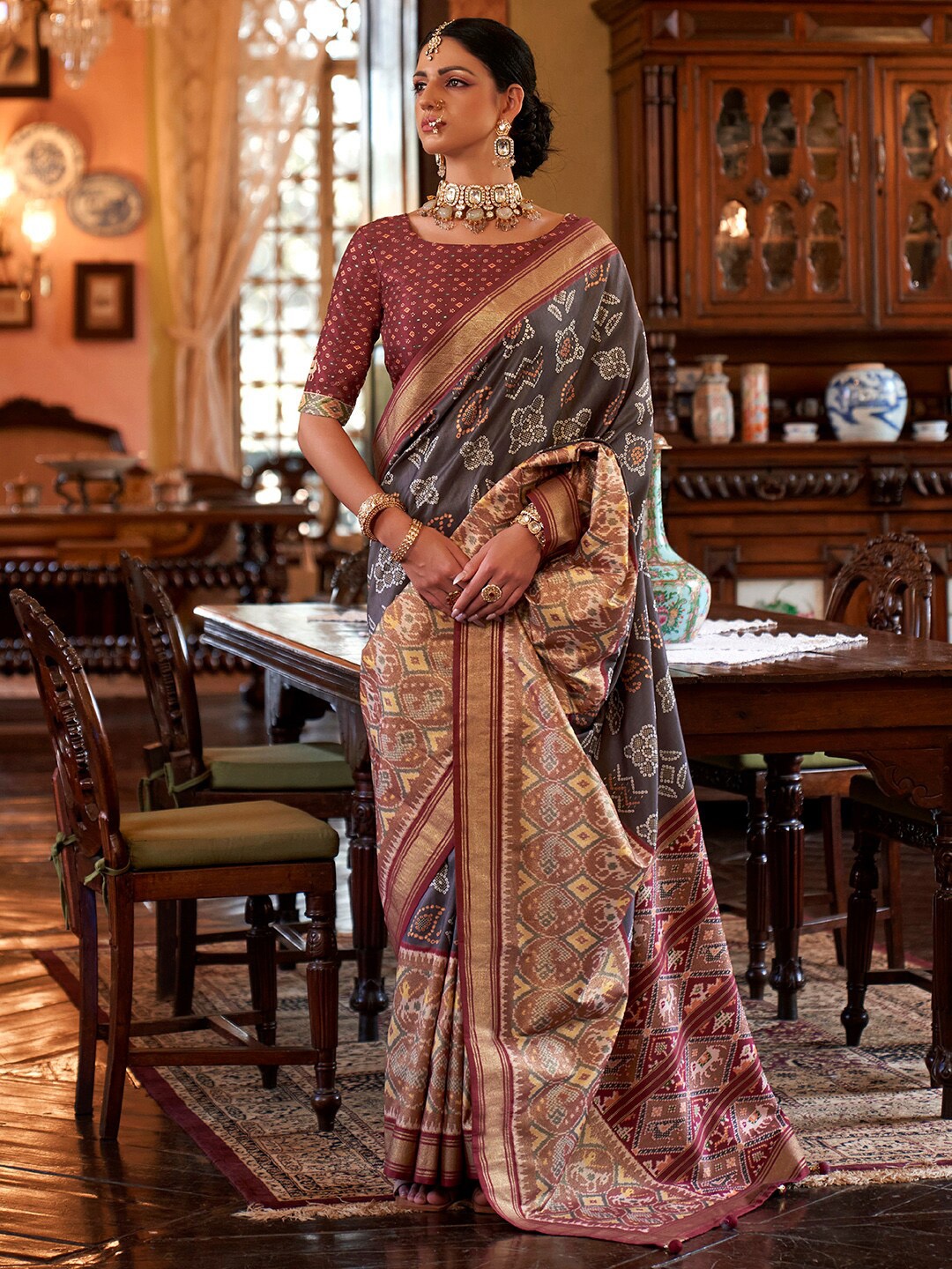 

Anouk Woven Design Zari Ikat Saree, Grey