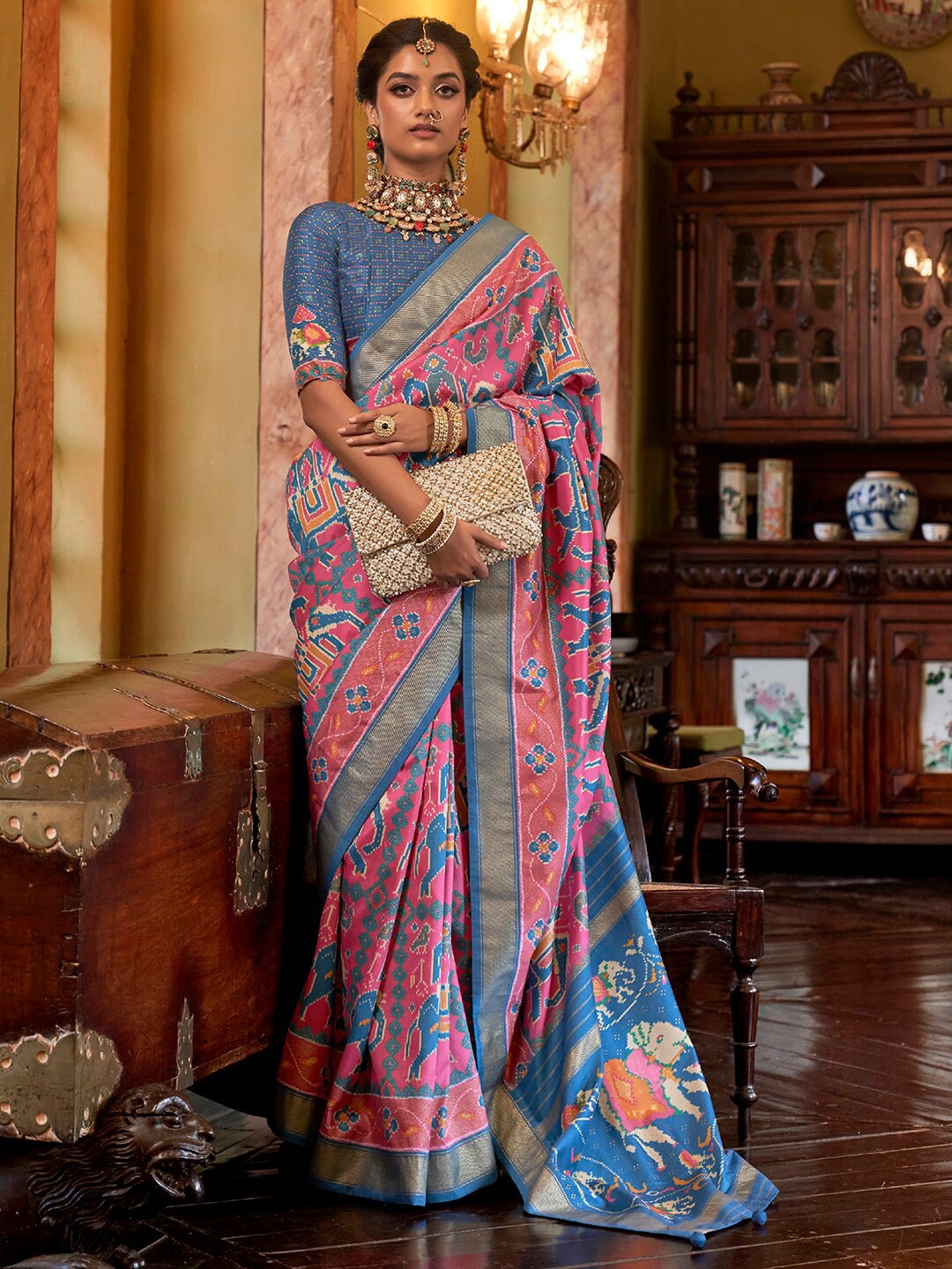 

Anouk Woven Design Ethnic Motifs Zari Pochampally Saree, Pink