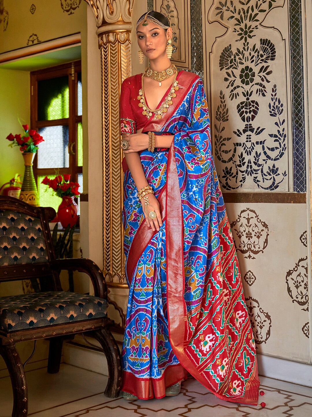 Anouk Ethnic Motifs Zari Silk Blend Patola Saree, Blue