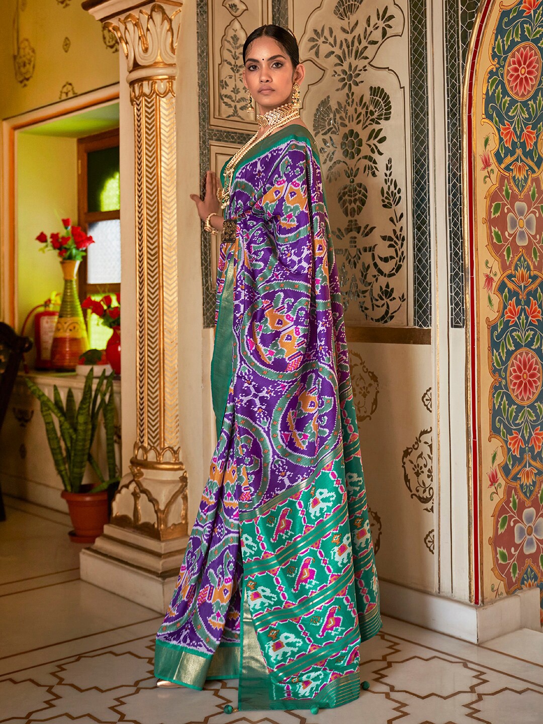 

Anouk Ethnic Motifs Zari Silk Blend Patola Saree, Purple