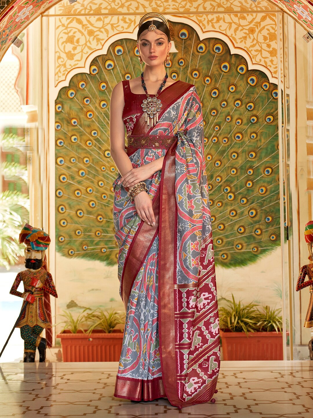 Anouk Ethnic Motifs Zari Silk Blend Patola Saree, Grey