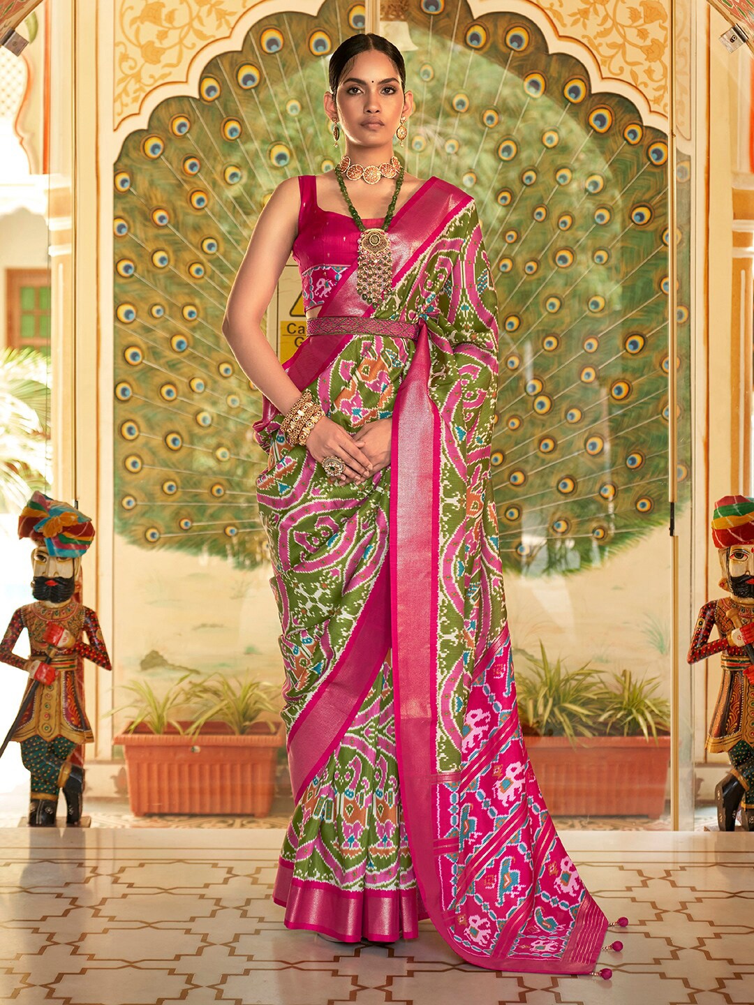 

Anouk Ethnic Motifs Zari Silk Blend Patola Saree, Green