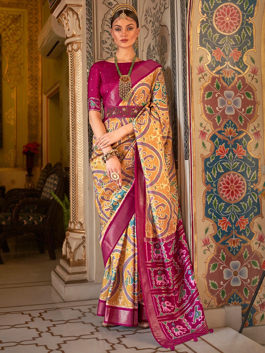 

Anouk Ethnic Motifs Silk Blend Patola Saree, Mustard
