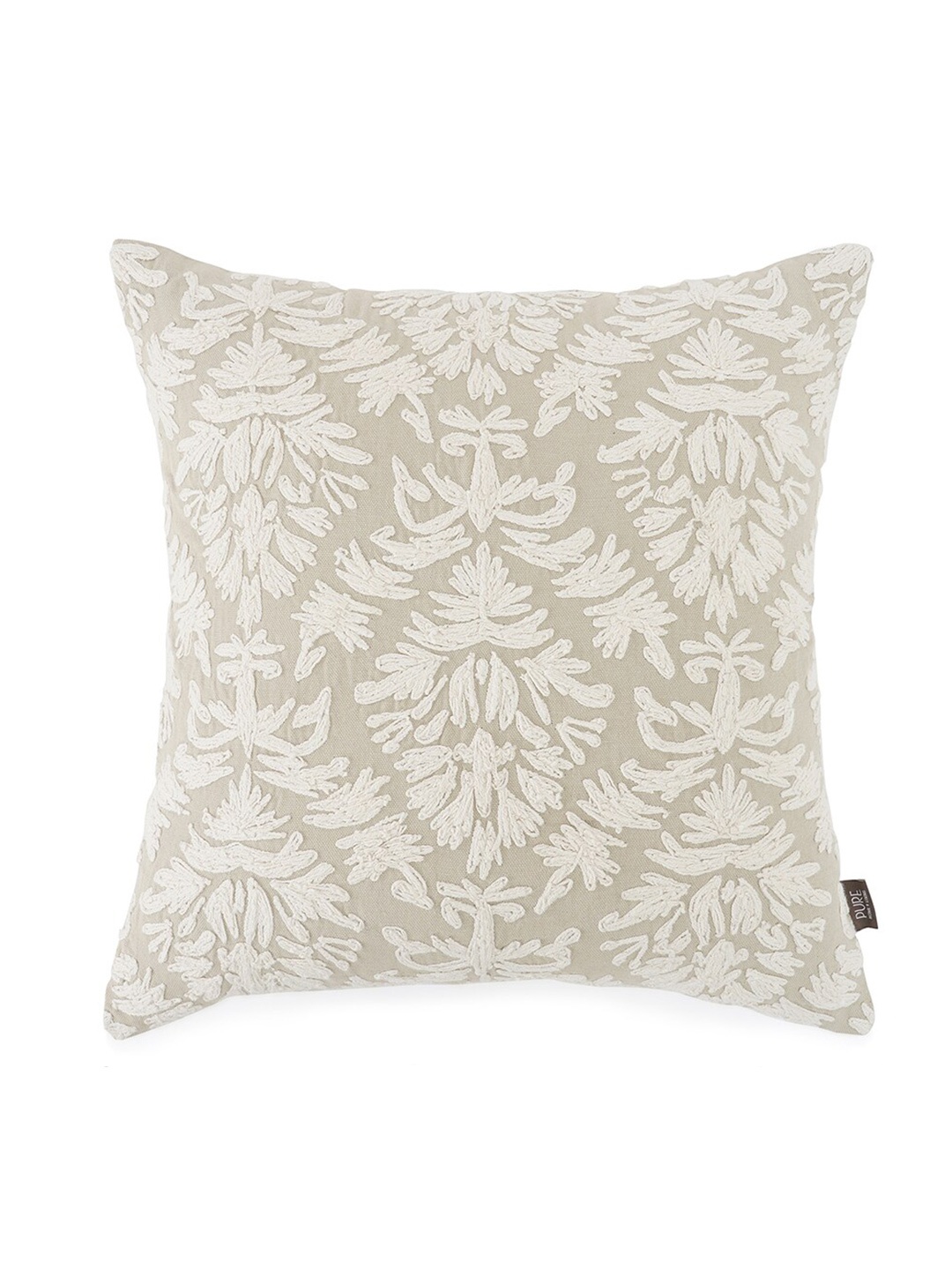 

Pure Home and Living Cream-Coloured & White Embroidered Cotton Square Cushion Cover