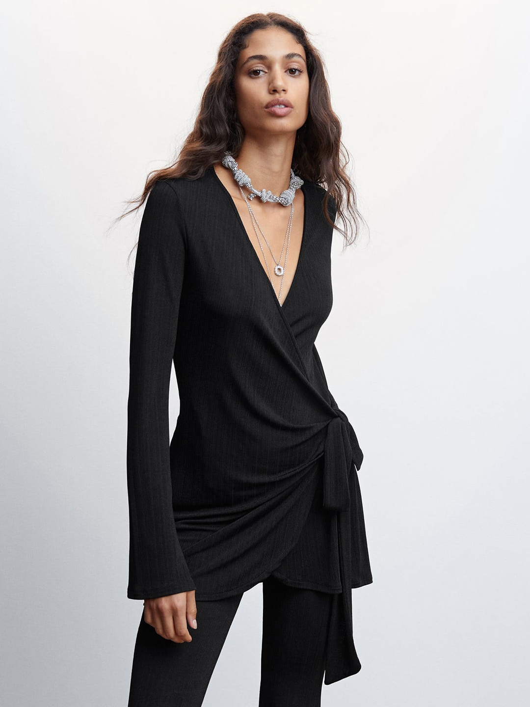 

MANGO Striped Wrap Longline Sustainable Top, Black