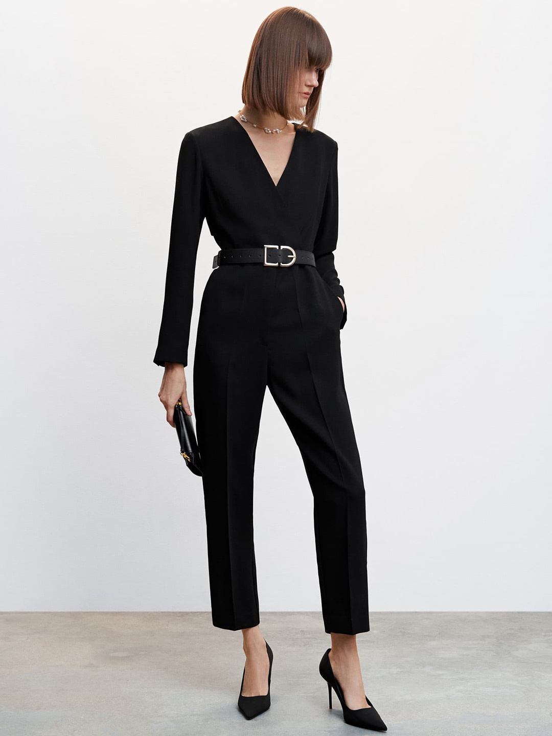 

MANGO Solid Sustainable Jumpsuit with Belt, Black
