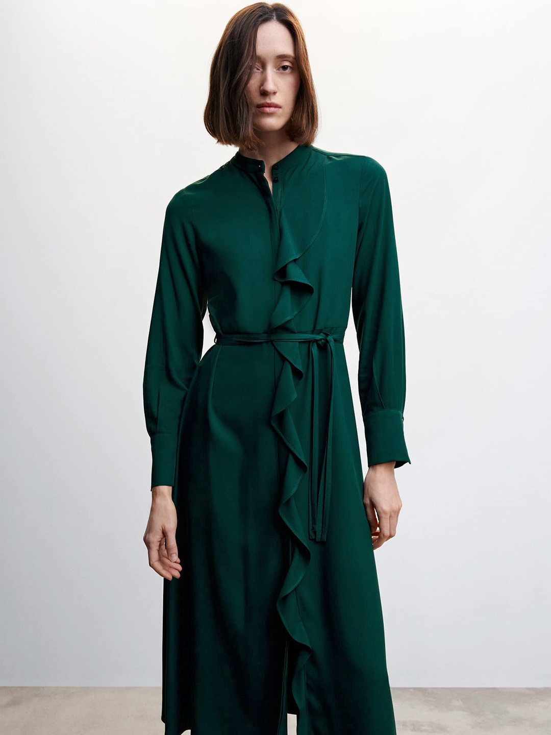 

MANGO Ruffle Shirt Midi Dress with a Belt, Green