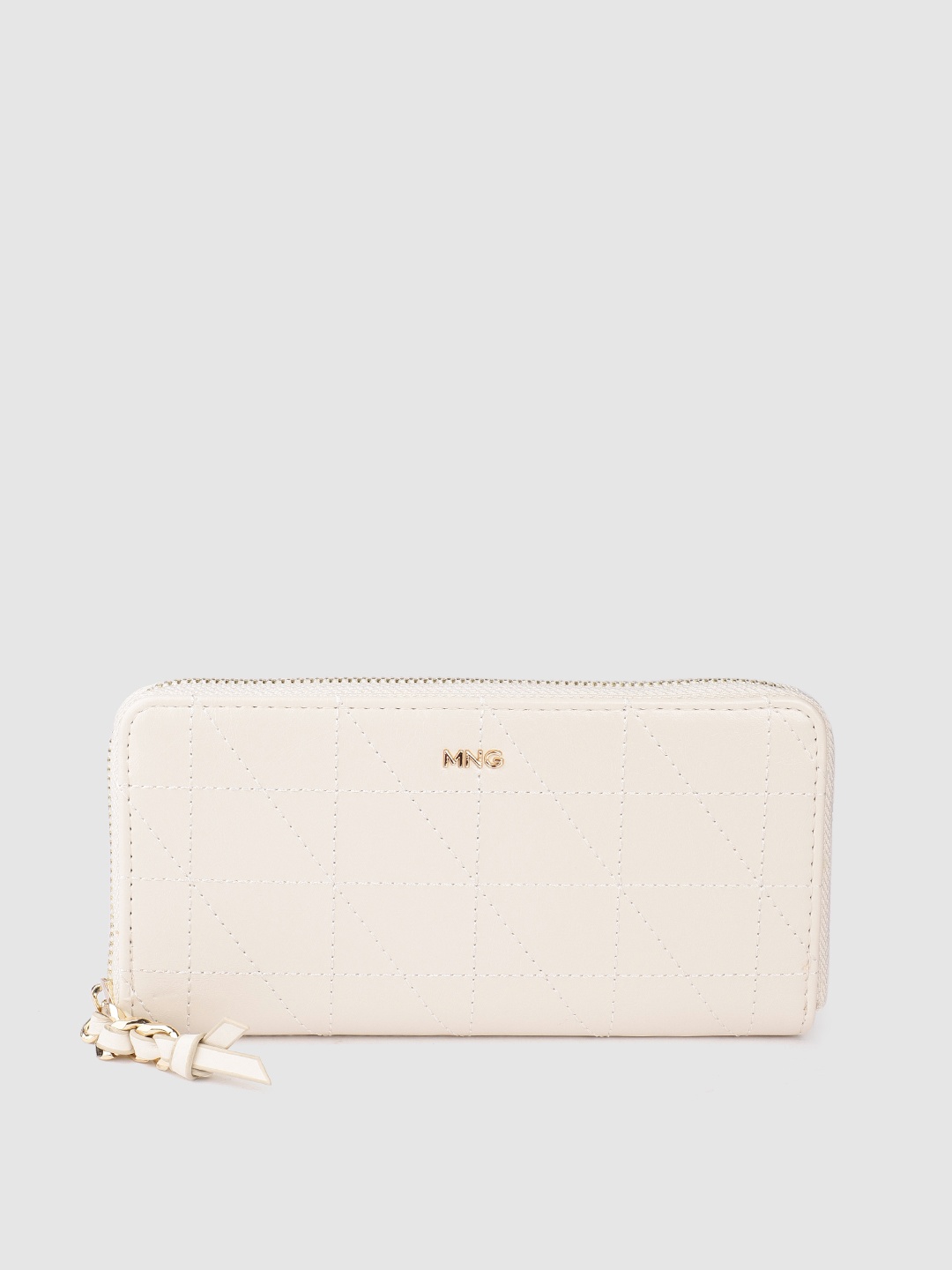 

MANGO Women Geometric Textured Leather Zip Around Wallet, Cream