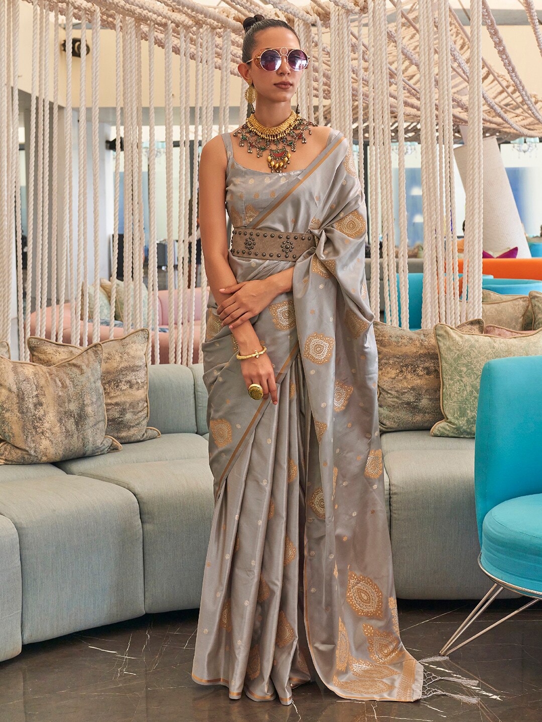 

Saree mall Ethnic Motifs Woven Design Zari Pure Silk Banarasi Sarees, Grey
