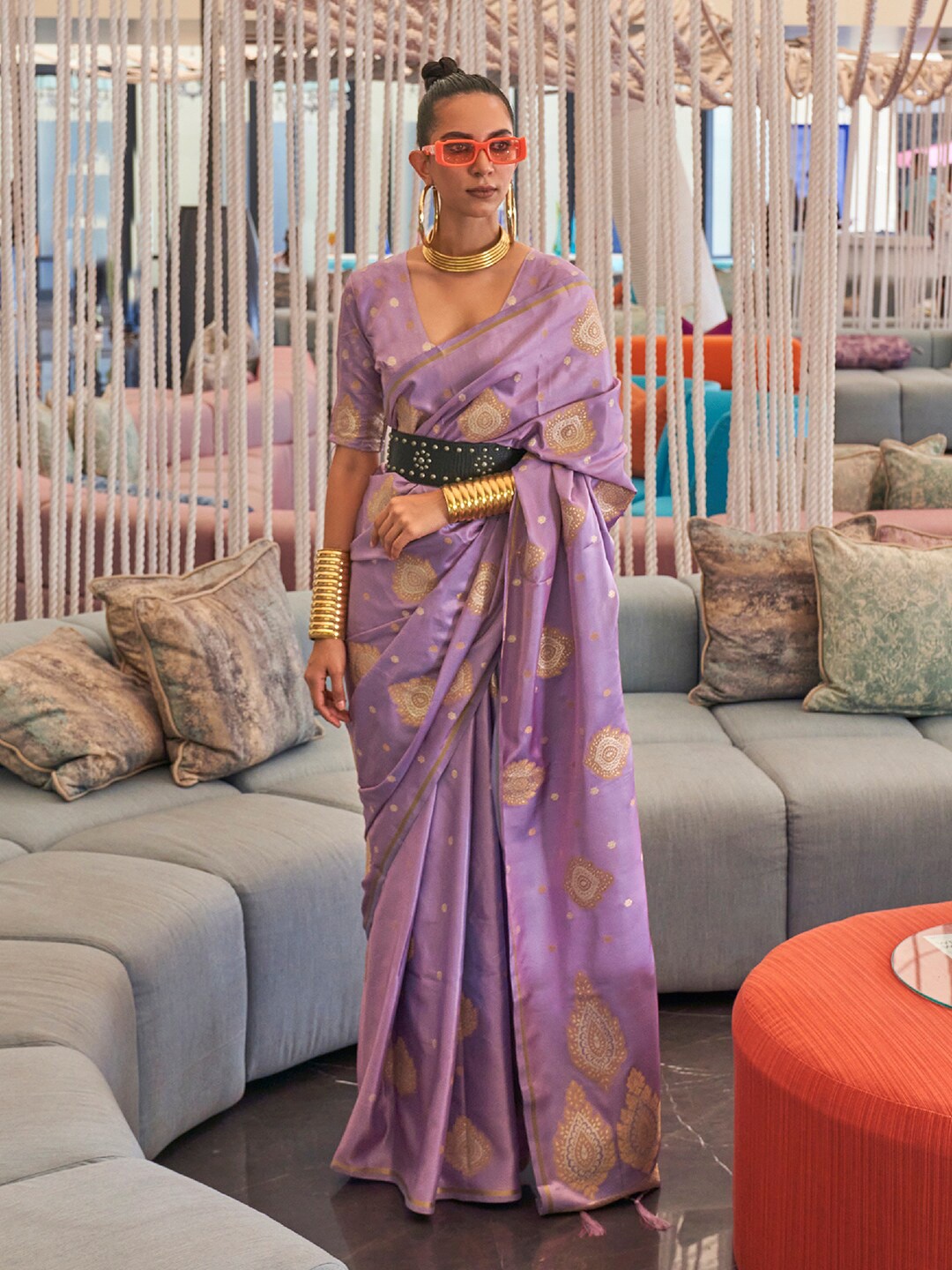 Saree mall Woven Design Zari Pure Silk Banarasi Saree, Lavender