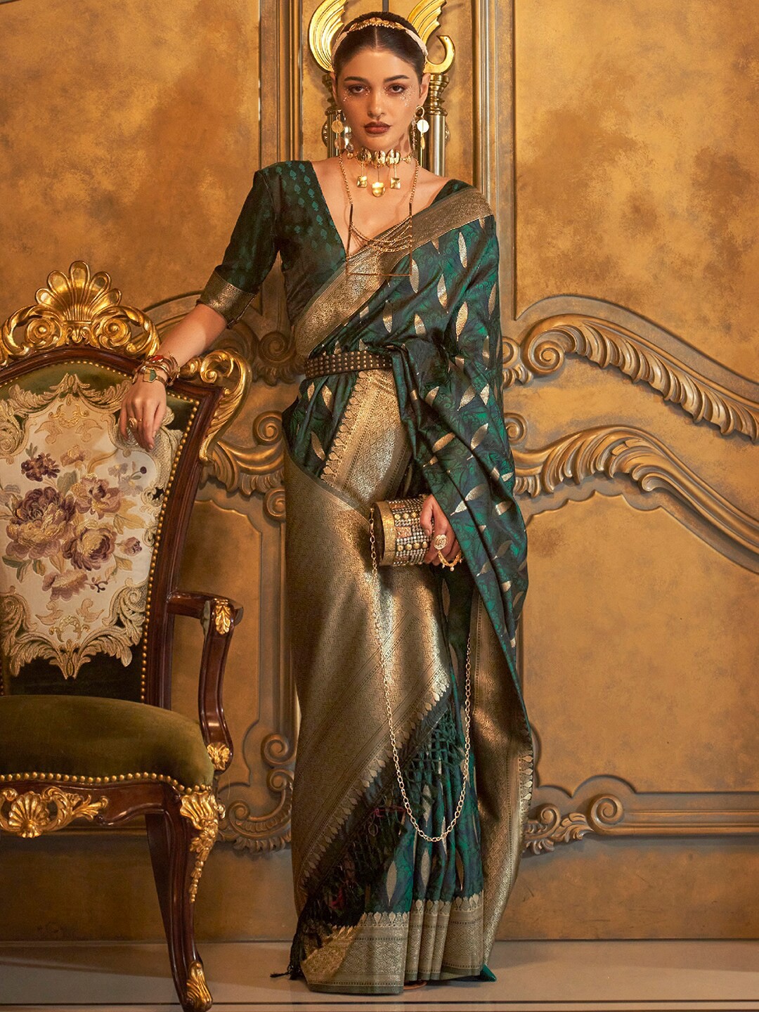 

Mitera Woven Design Zari Banarasi Saree, Green