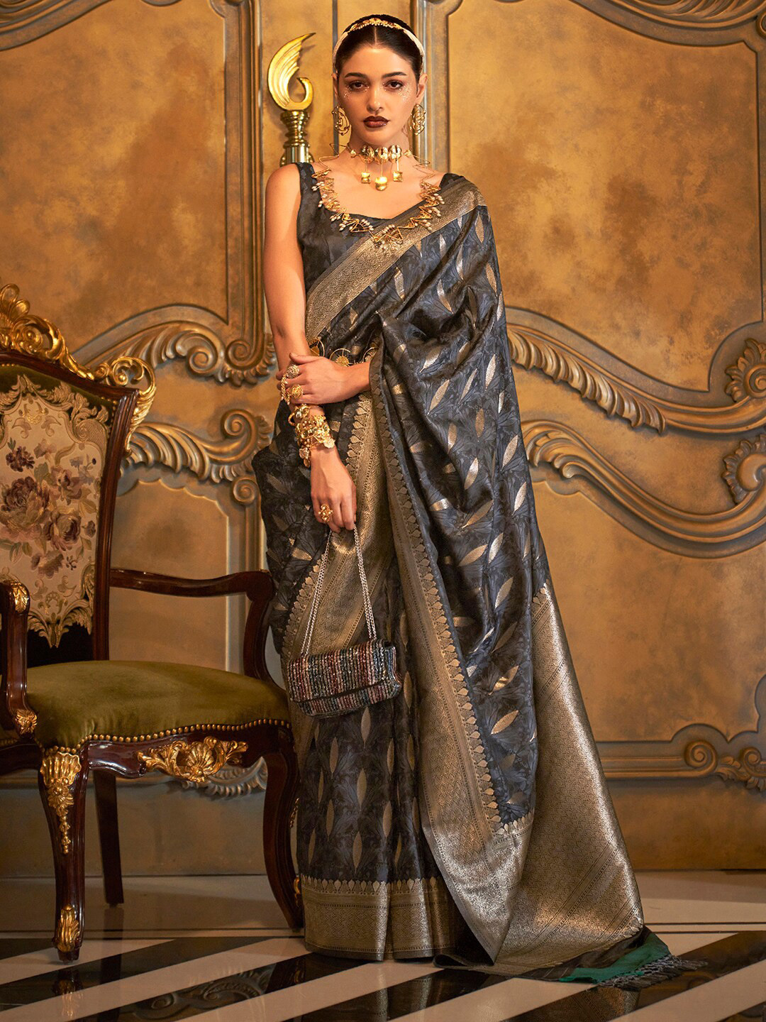 

Mitera Ethnic Motifs Zari Banarasi Saree, Grey