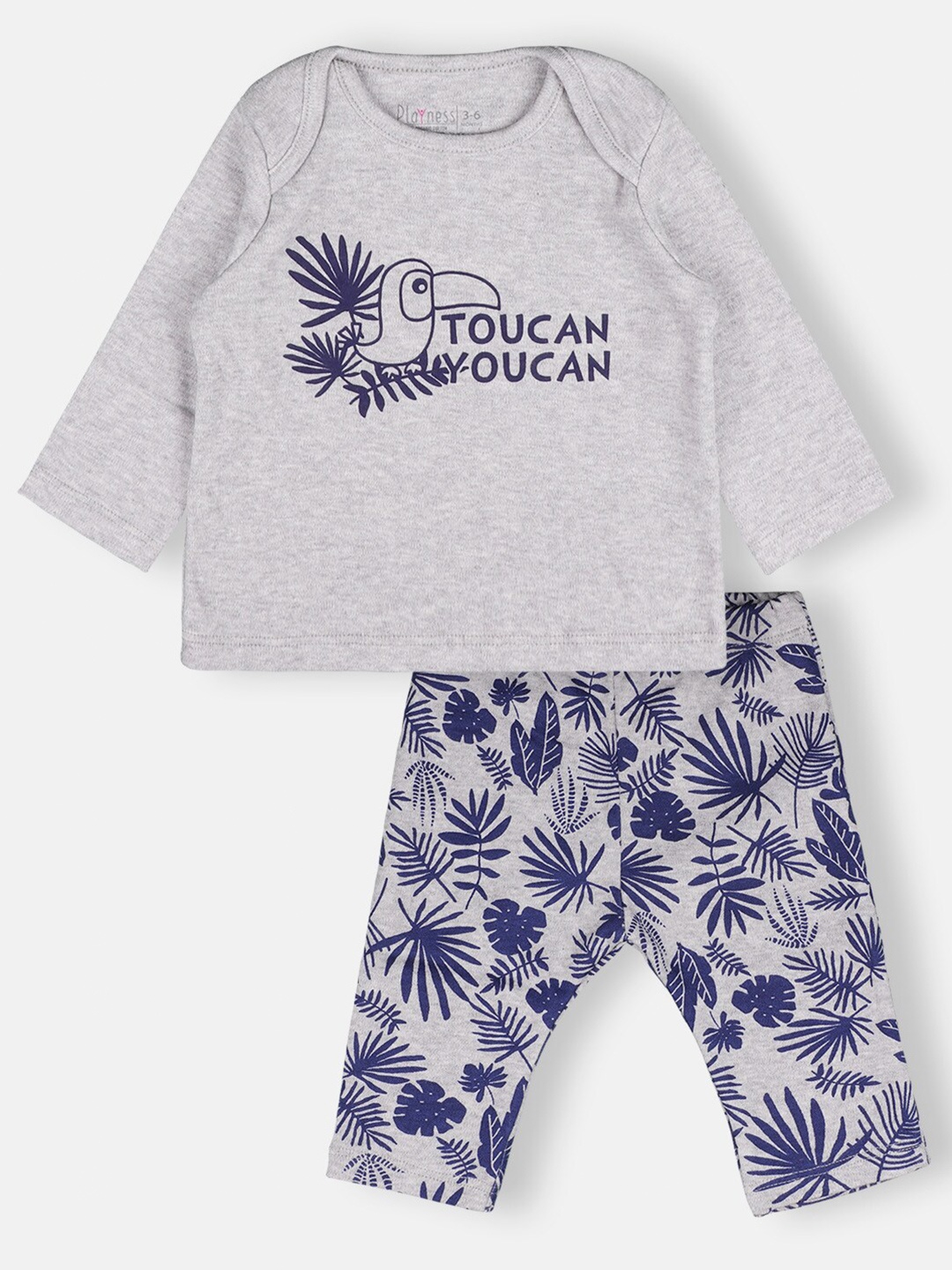 

PLAYNESS Infants Printed Pure Cotton T-shirt with Trousers, Grey melange