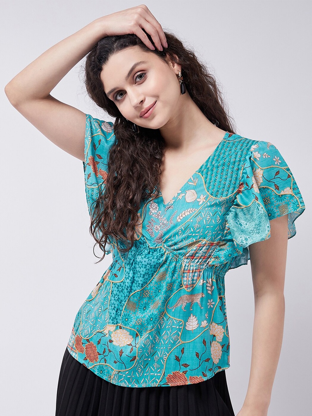 

Zima Leto Flared Sleeve Print Kaftan Top, Blue