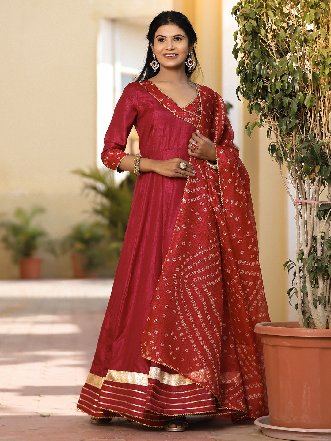 

Indi INSIDE Bandhani Printed Angrakali Gotta Patti Anarkali Kurta With Trousers & Dupatta, Red
