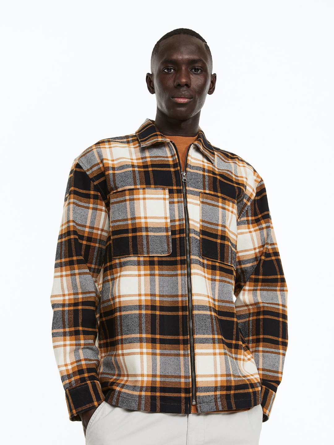 

H&M Men Relaxed Fit Zip-Through Overshirt, Grey