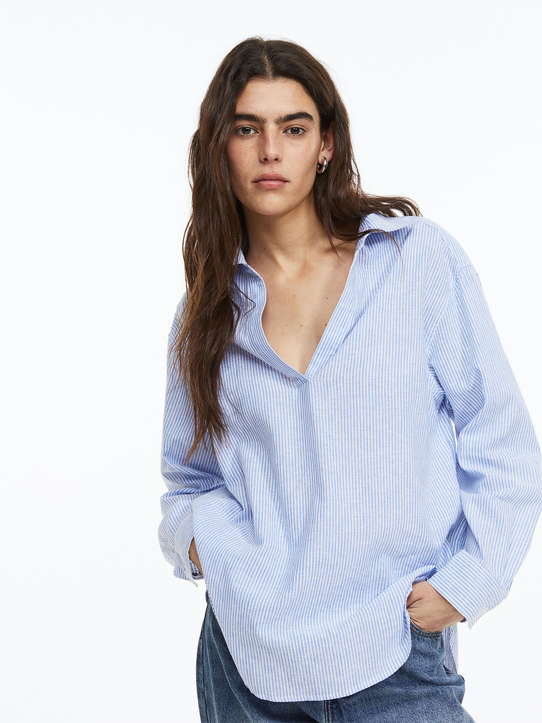 

H&M Women Linen-Blend Popover Shirt, Blue