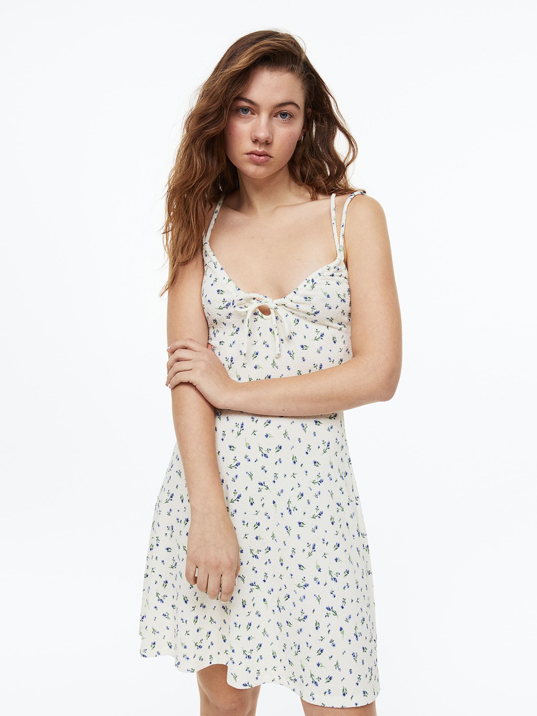 

H&M Crinkled Drawstring-Detail Dress, White