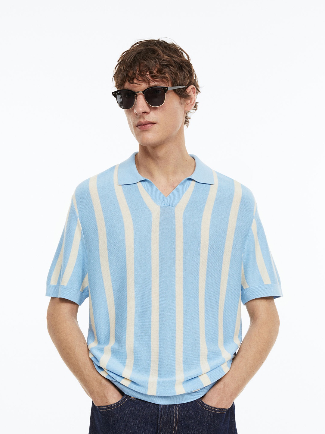 

H&M Men Regular Fit Fine-Knit Cotton Polo Shirt, Blue