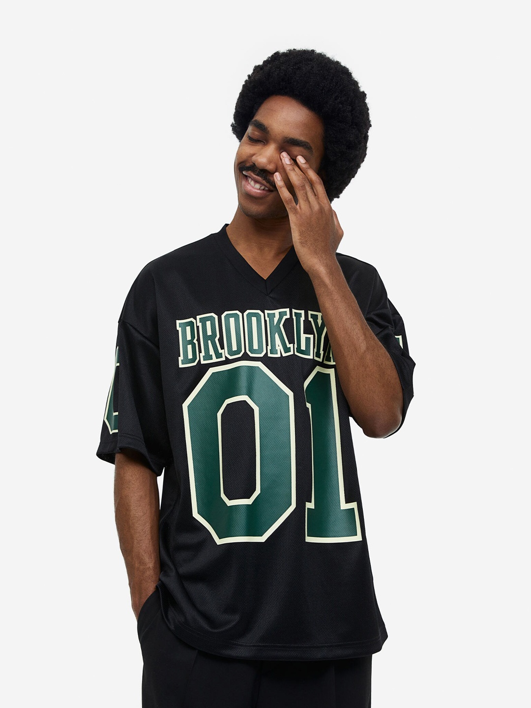 H&M Men Oversized Fit Printed Mesh T-Shirt, Black
