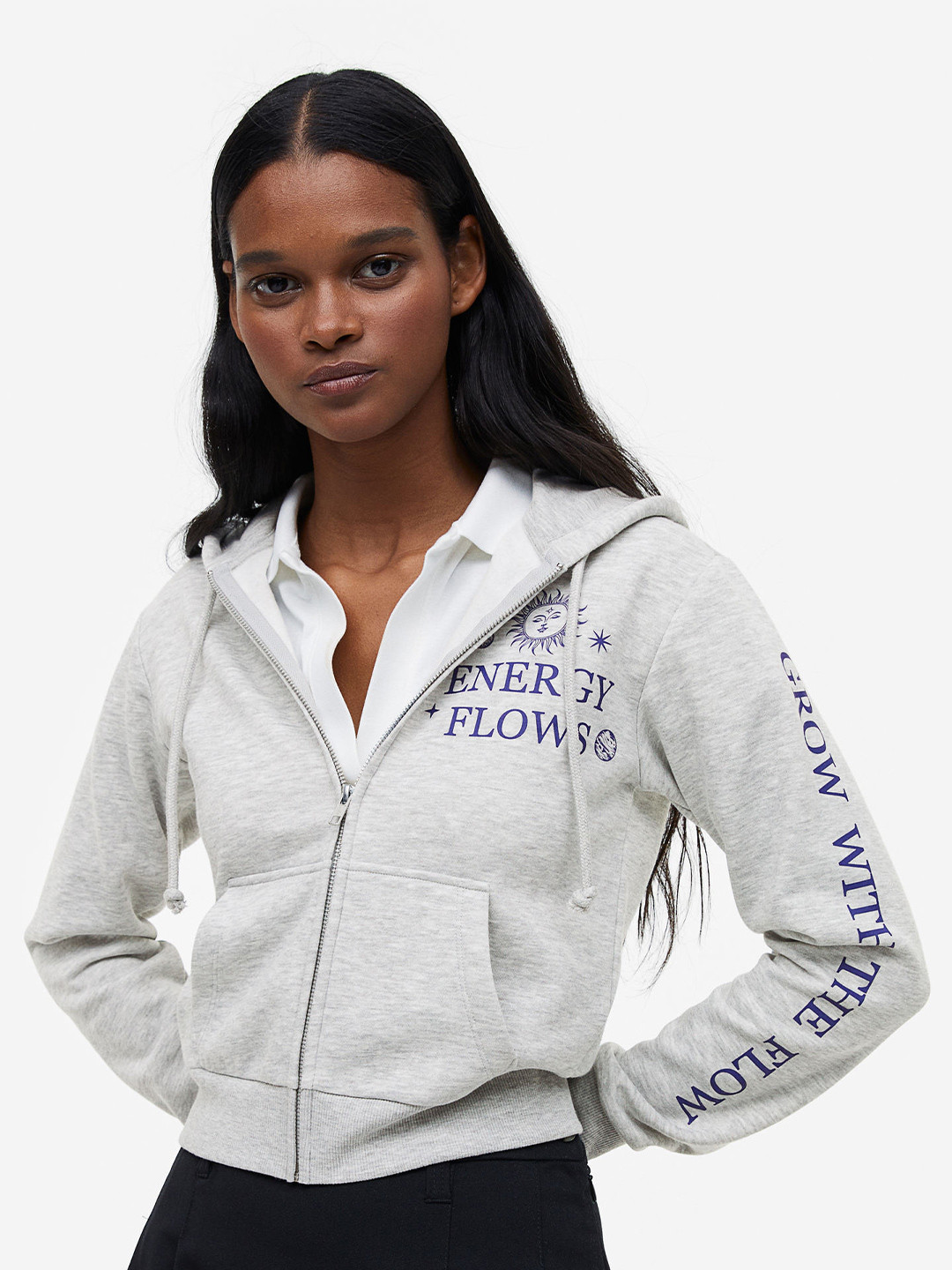 

H&M Women Printed Zip-Through Hoodie, Grey