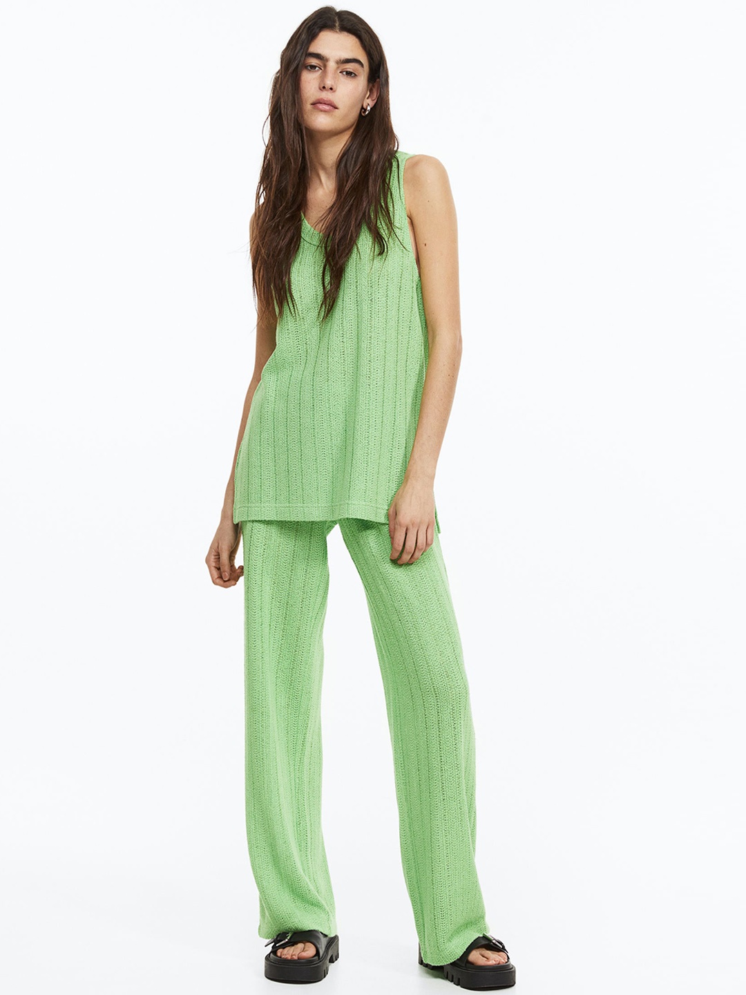 

H&M Women Rib Knit Trousers, Green