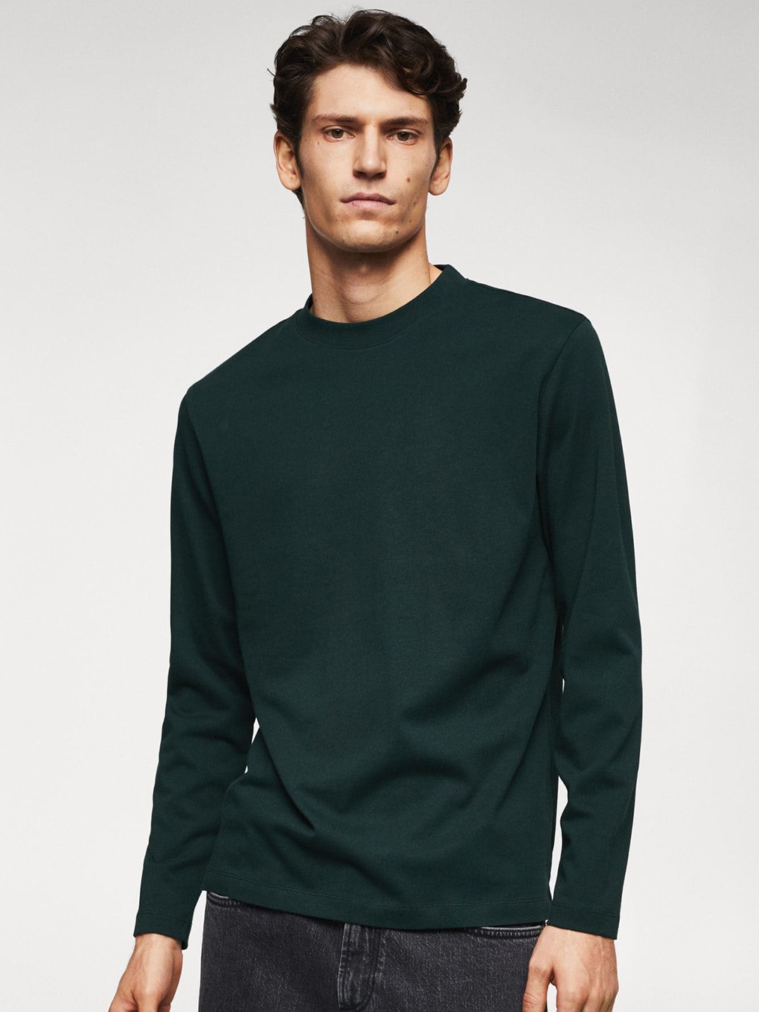 

MANGO MAN Solid Pure Cotton T-shirt, Green