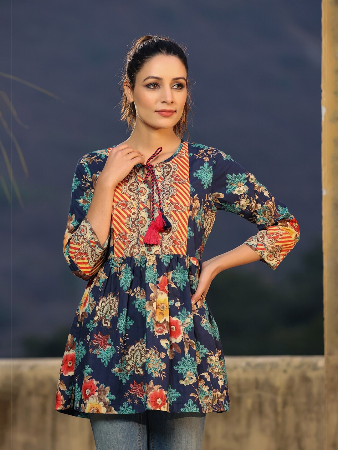 

Rain & Rainbow Floral Print Tie-Up Neck Pure Cotton Longline A-Line Top, Navy blue
