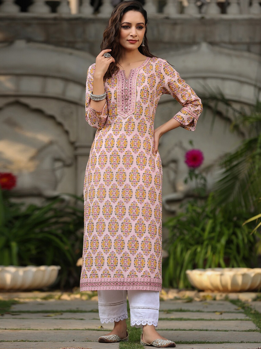 

Rain & Rainbow Women Ethnic Motifs Printed Pure Cotton Kurta, Coral