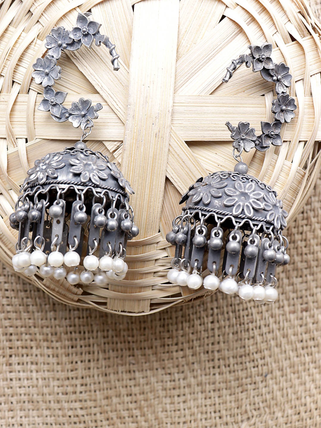 

VAGHBHATT Oxidised Dome Shaped Beaded Jhumkas, White