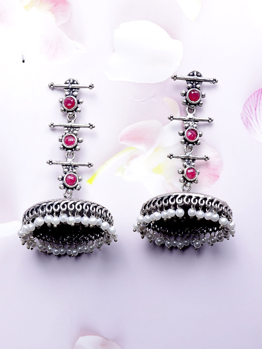 

VAGHBHATT Silver-Plated Dome Shaped Jhumka Earrings, Red