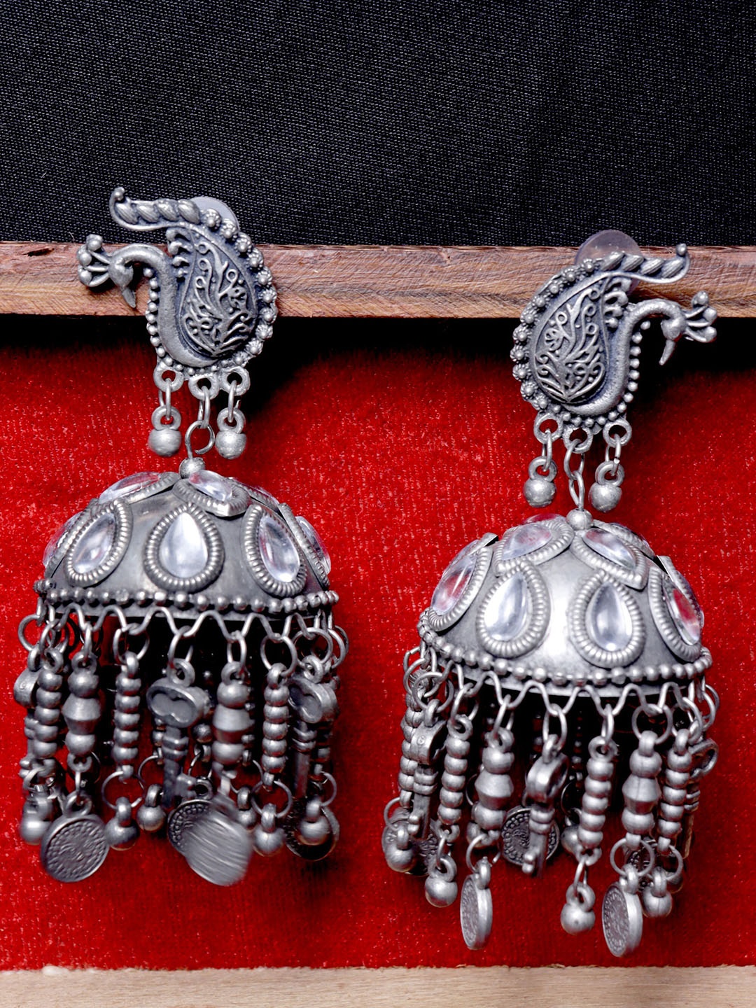 

VAGHBHATT Silver Plated Dome Shaped Jhumkas Earrings, Black