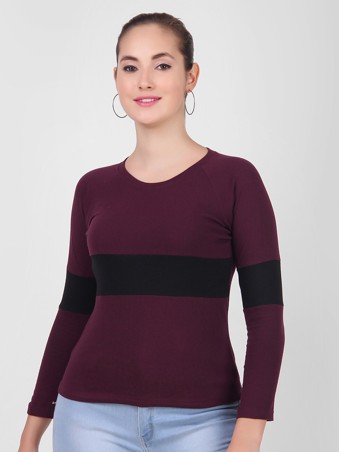 

DIAZ Women Striped Cotton T-shirt, Burgundy
