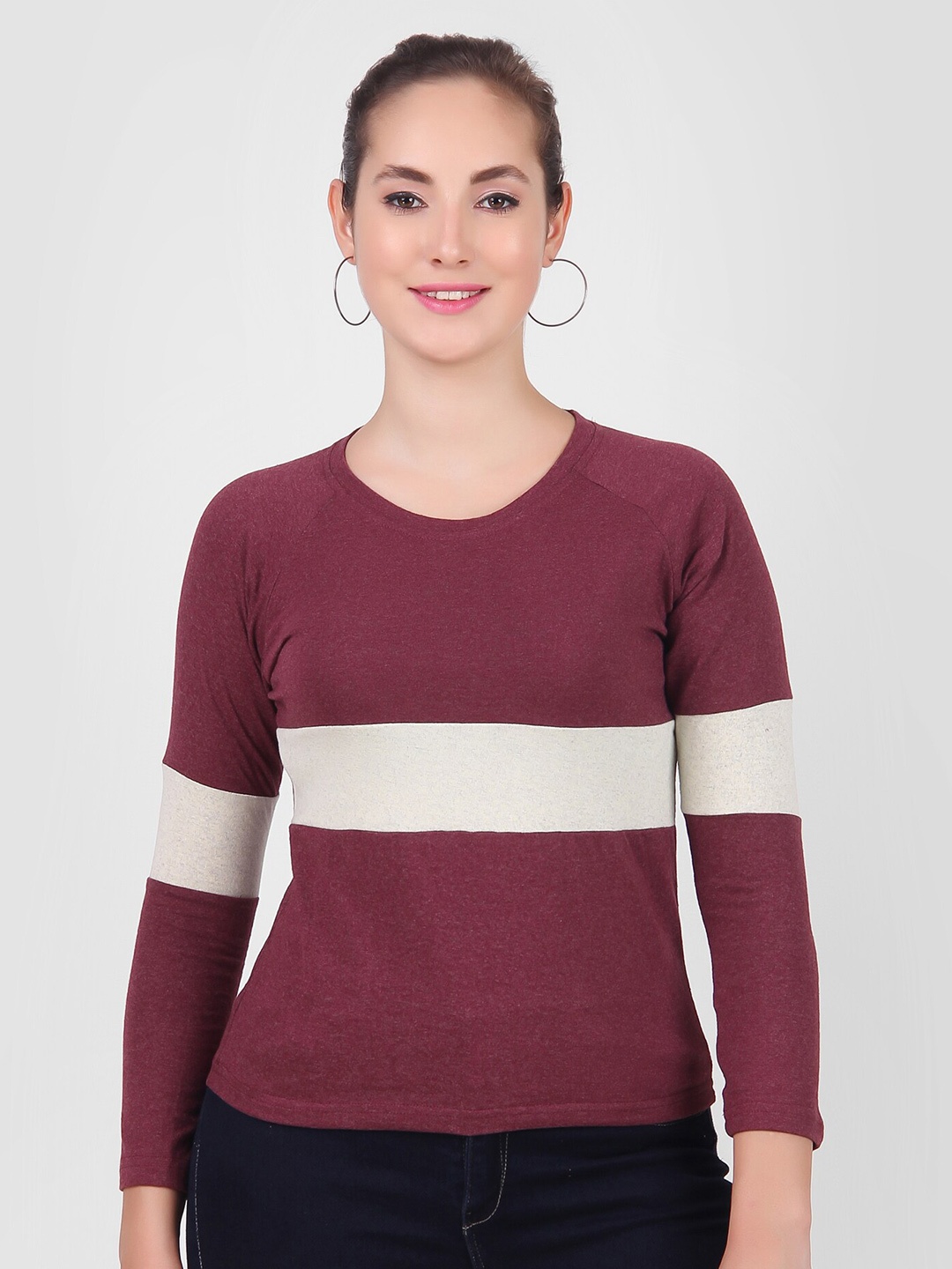 

DIAZ Women Striped Raglan sleeves Cotton T-shirt, Maroon