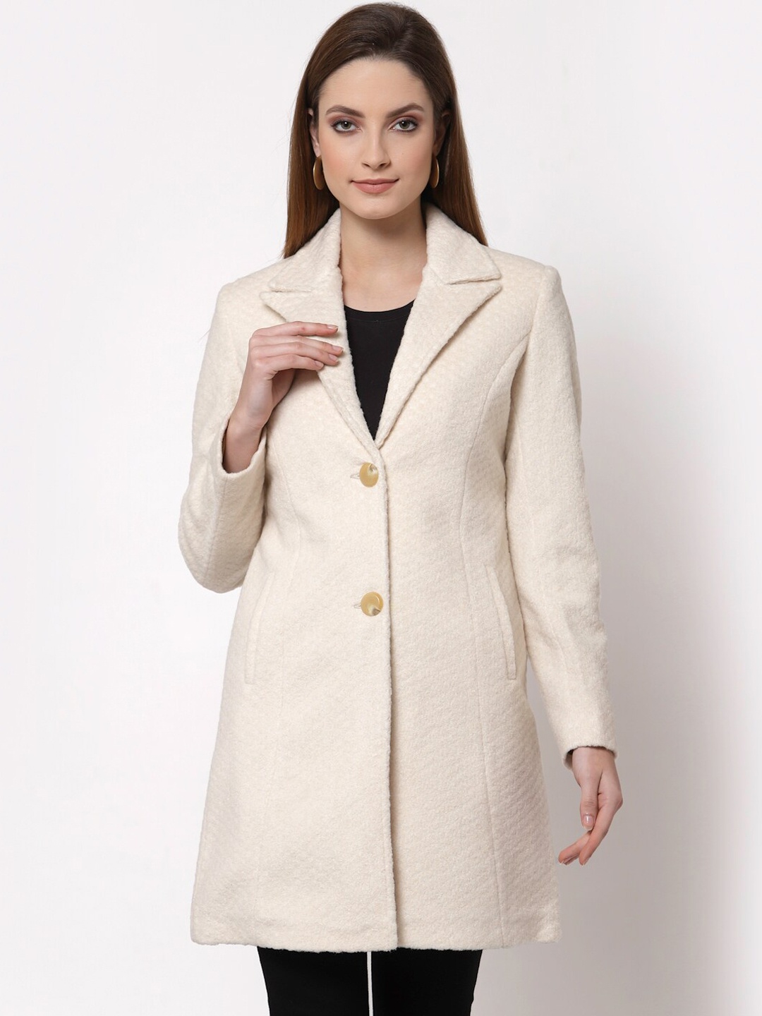

Juelle Women Self-Design Longline Slim Fit Overcoat, Off white