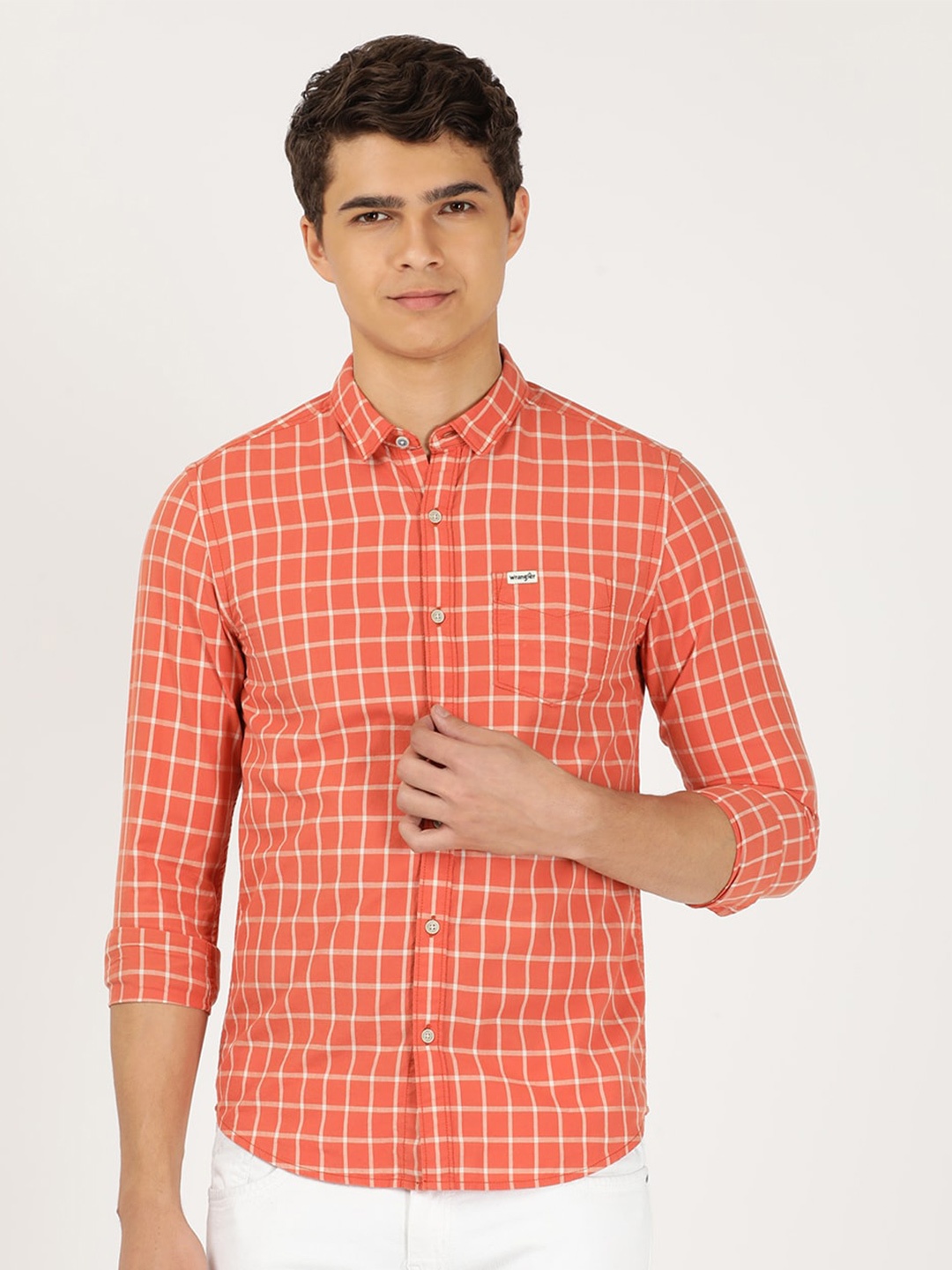 

Wrangler Men Slim Fit Grid Tattersall Checked Casual Cotton Shirt, Orange
