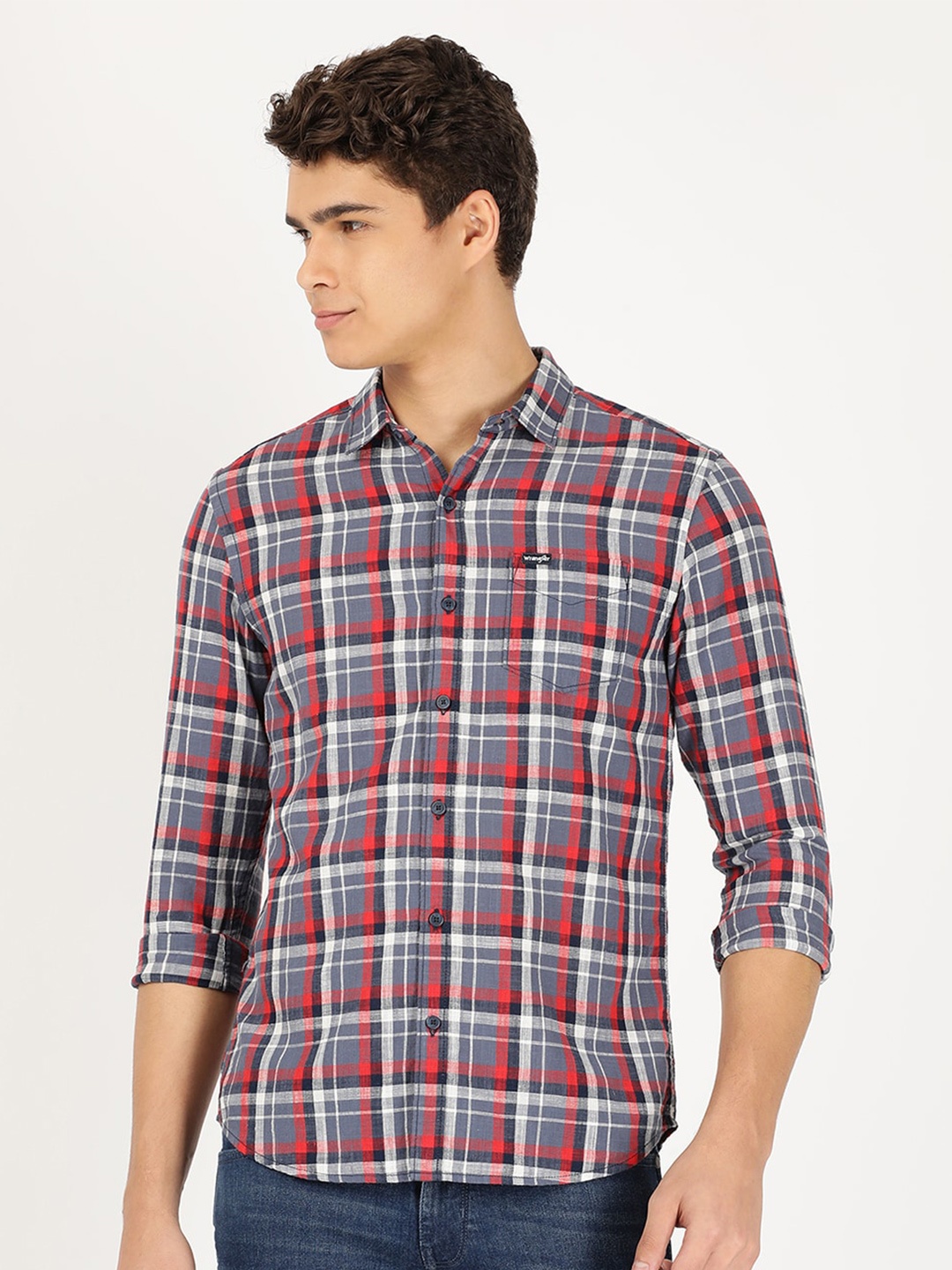 

Wrangler Men Tartan Checks Cotton Casual Shirt, Blue