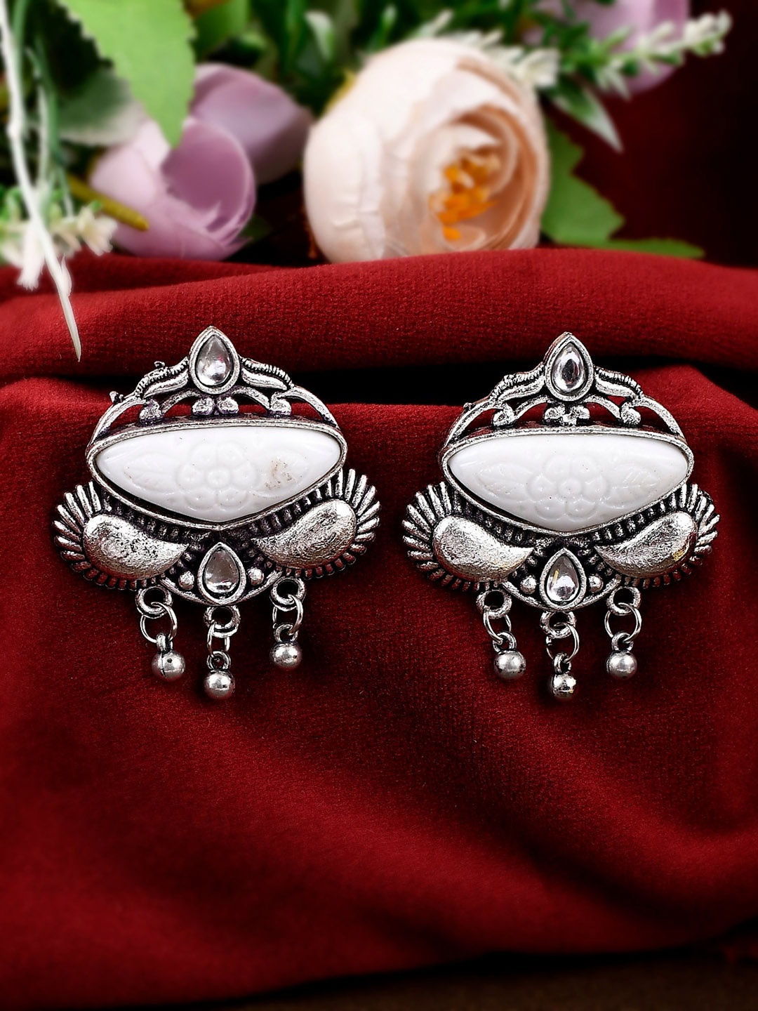 

Silvermerc Designs Silver-Plated Stone Studded Oxidised Contemporary Drop Earrings, White