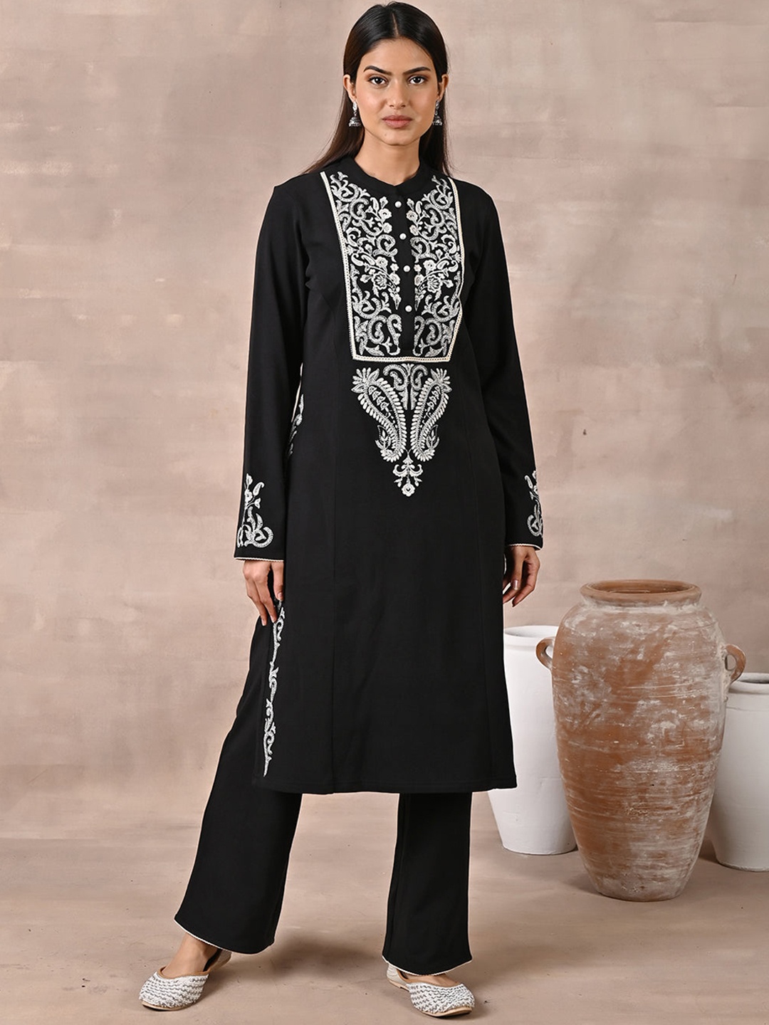 

Lakshita Women Paisley Embroidered Thread Work Pure Wool Kurta with Palazzos, Black