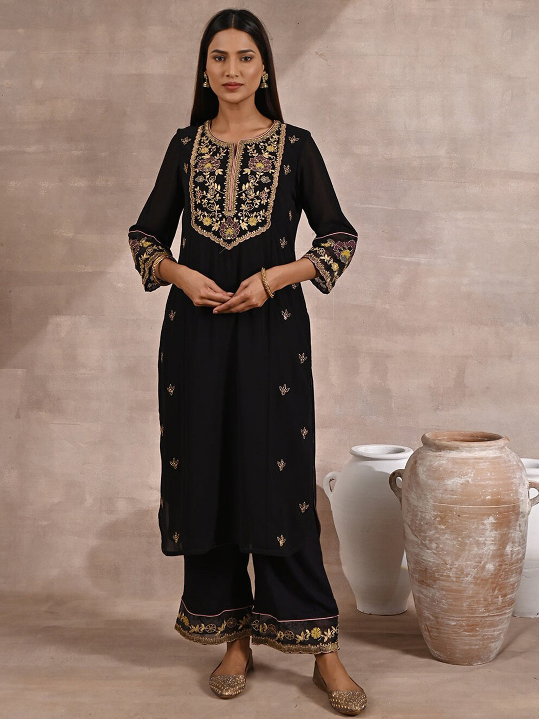 

Lakshita Women Ethnic Motifs Embroidered Kurta With Palazzos, Black