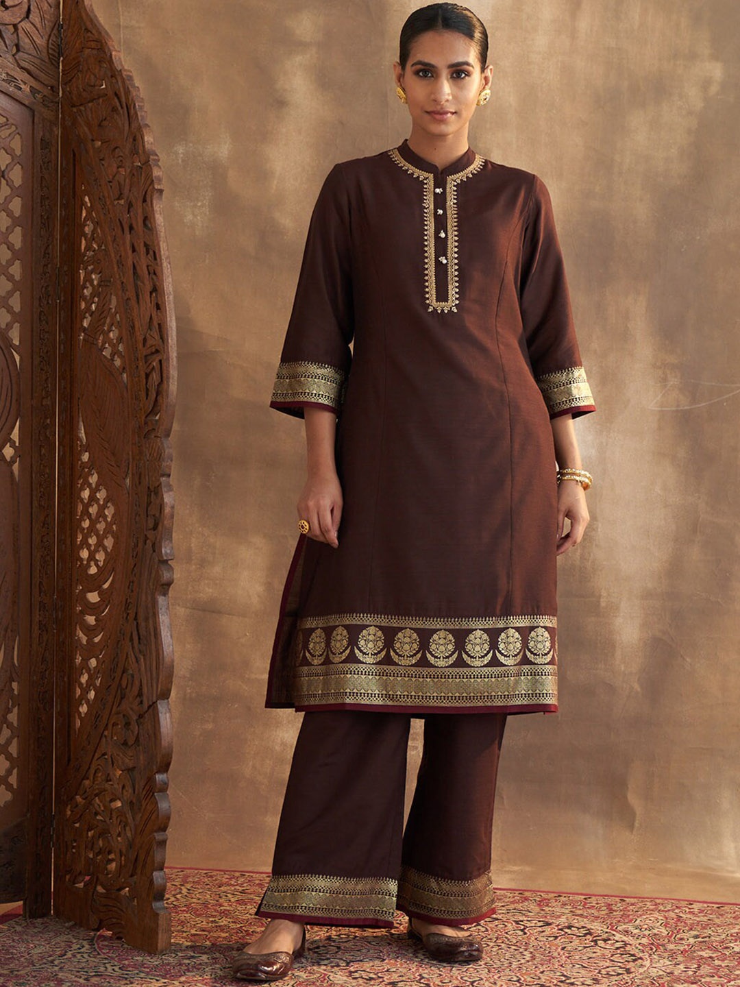 

Lakshita Women Plus Size Ethnic Motifs Embroidered Kurta With Palazzos, Brown