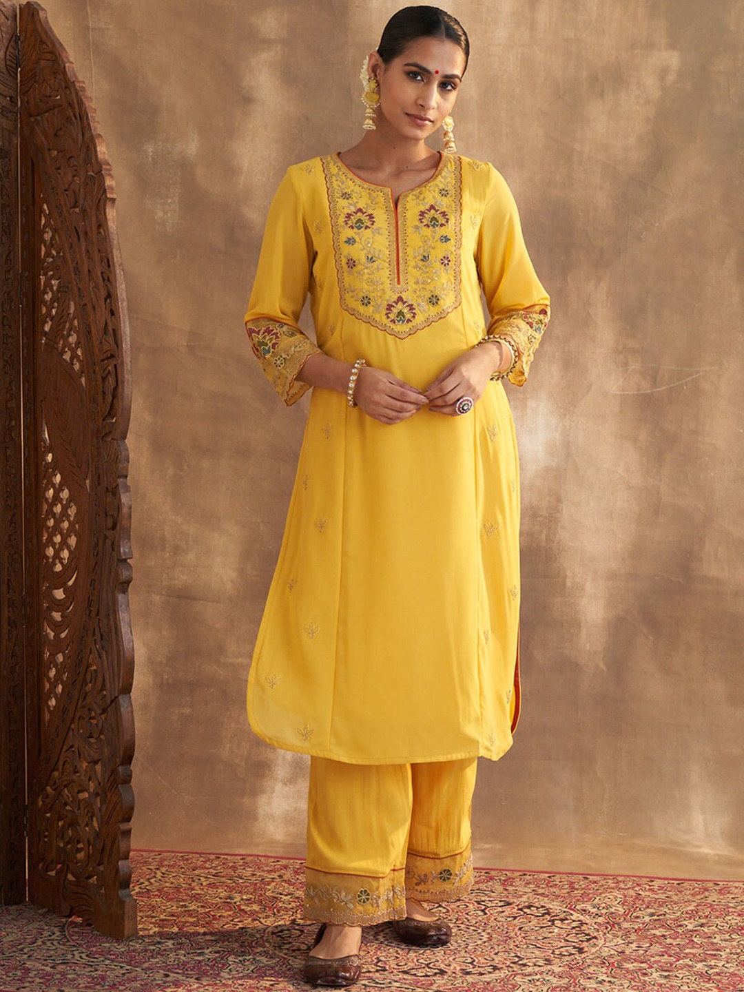 

Lakshita Women Plus Size Ethnic Motifs Embroidered Kurta With Palazzos, Yellow