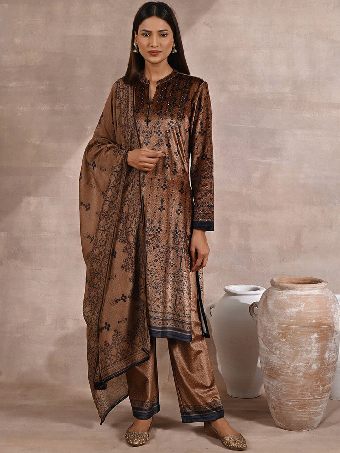

Lakshita Women Plus Size Ethnic Motifs Printed Velvet Kurta With Trousers & Dupatta, Brown