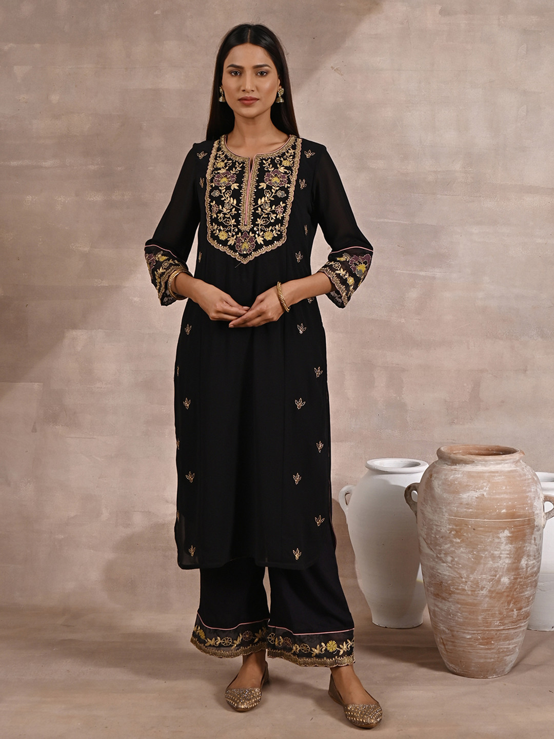 

Lakshita Women Plus Size Ethnic Motifs Embroidered Kurta With Palazzos, Black