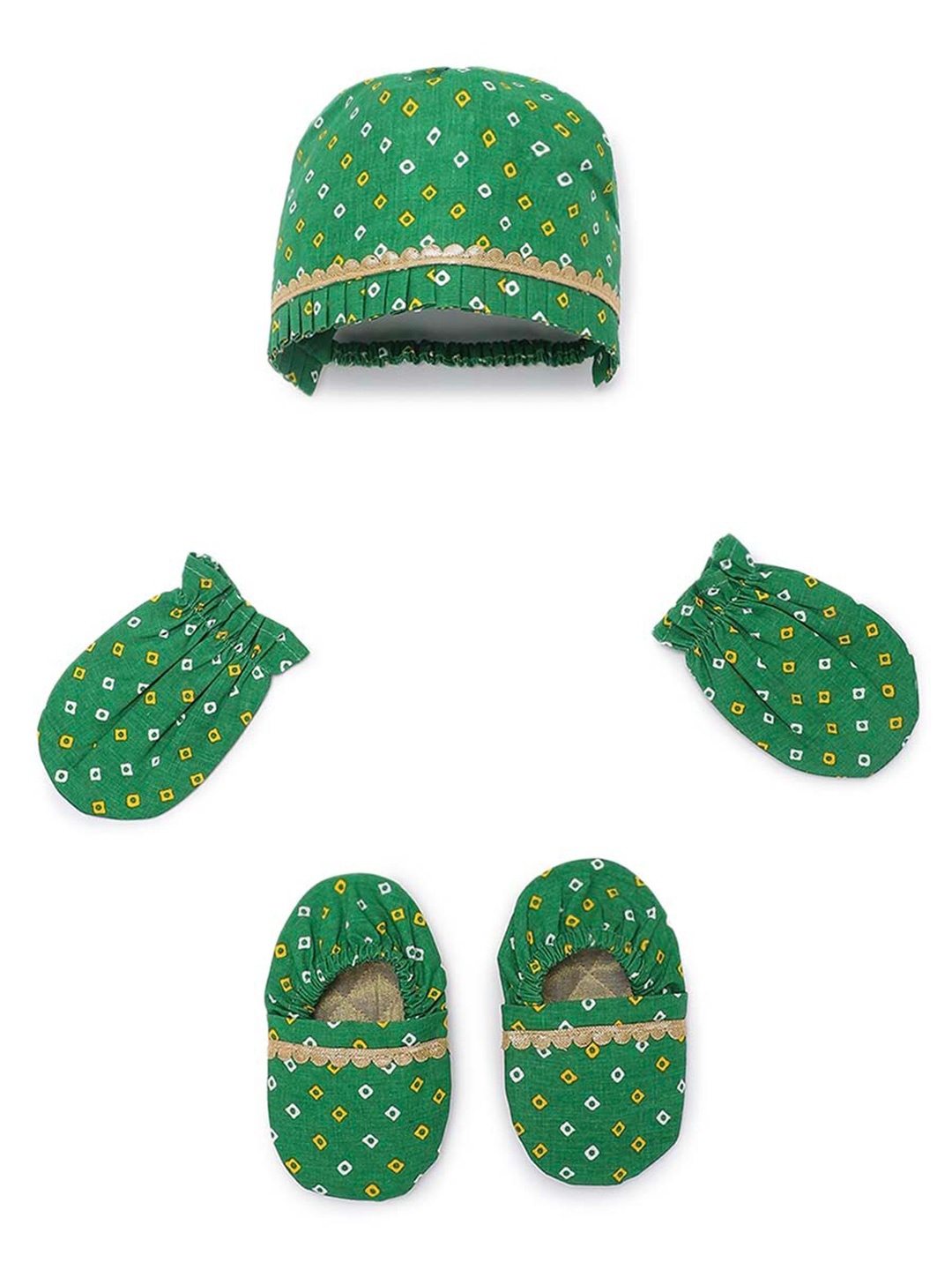 

Tiber Taber Baby Cotton Booties Mittens And Cap Set, Green